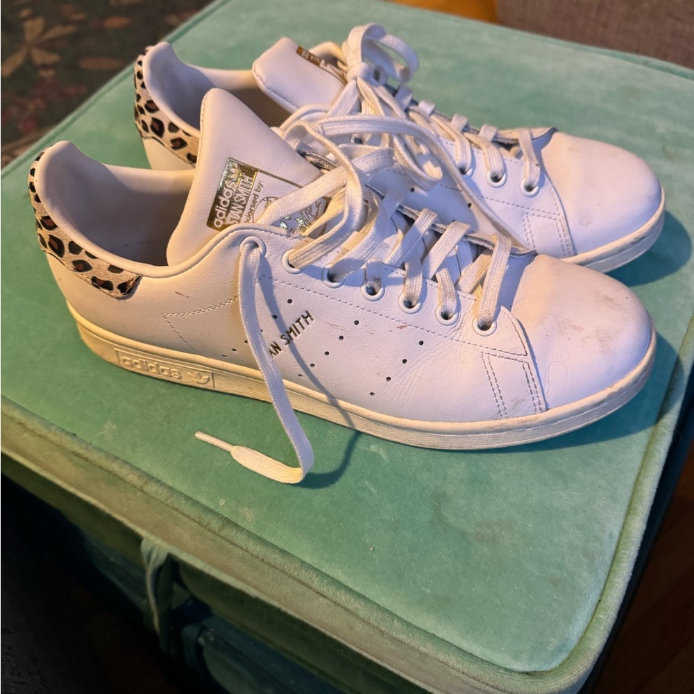Adidas White Stan Smith Sneakers with Leopard Print Detail
